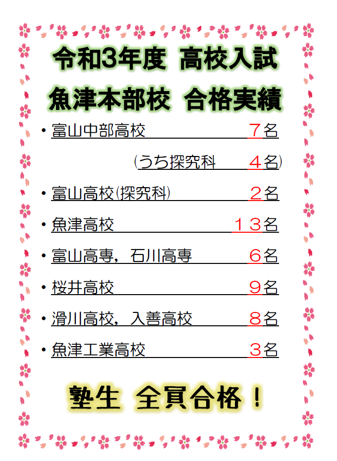 県立高校入試 全員合格 富山育英センター
